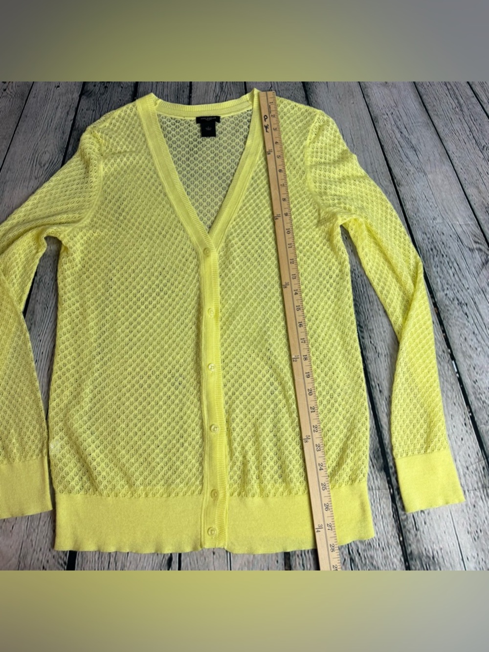Ann Taylor Bright Yellow Breathable Knit Cardigan Ramie Nylon Button Down Size L - Picture 4 of 10